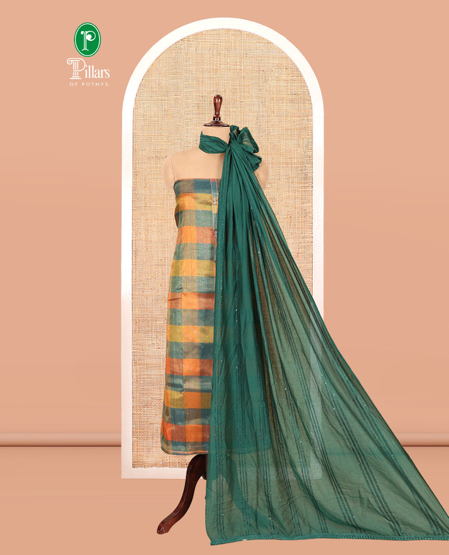 Multi-Color Shimmer Tissue Material Churidar, Accentuated with Madras Checked Neckwork Top, a Contrast Bottom, and a Sequins Striped Dupatta