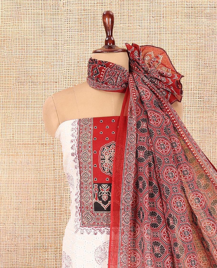 Cream-Red Cotton Hakoba Material Churidar Features Print and Ajrakh Neck Work Top, a Cotton Bottom, an Ajrakh Printed Dupatta
