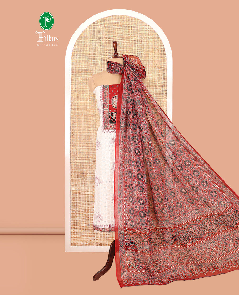 Cream-Red Cotton Hakoba Material Churidar Features Print and Ajrakh Neck Work Top, a Cotton Bottom, an Ajrakh Printed Dupatta