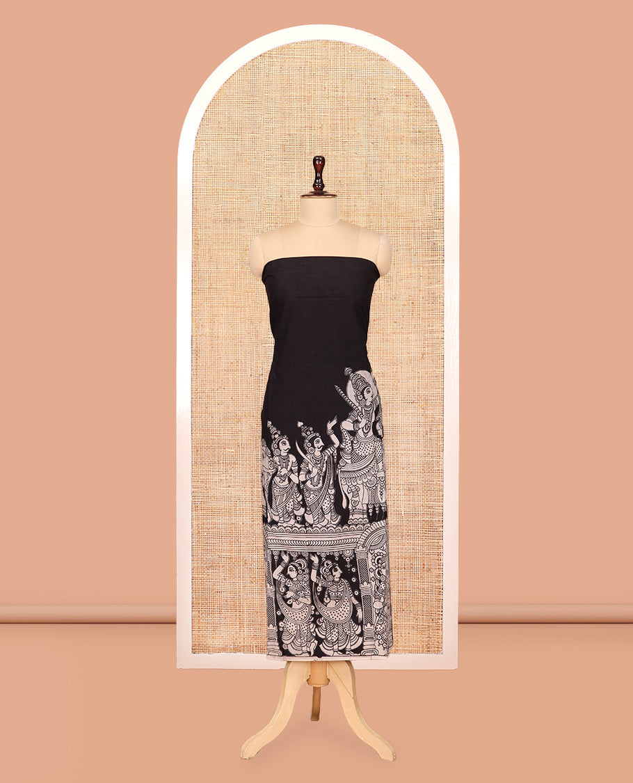 Black Cotton Material Churidar Features Kalamkari Printed Top, a Plain Bottom, and a Kalamkari Printed Dupatta