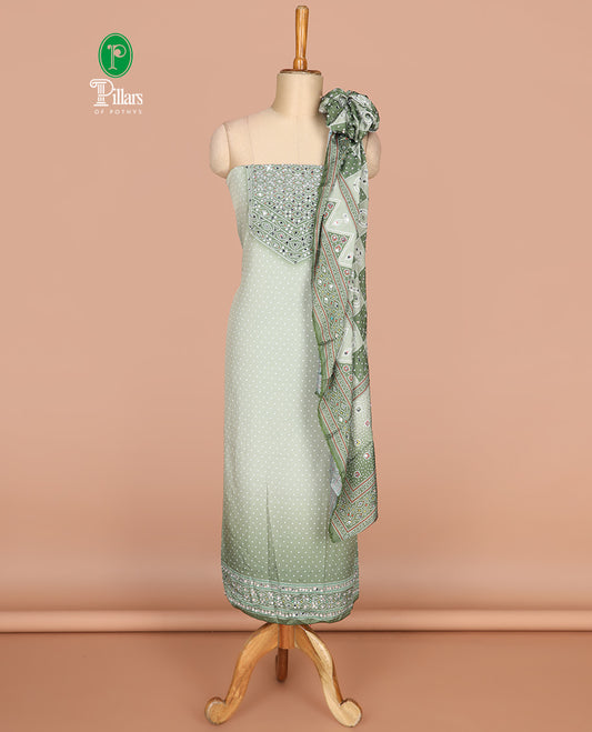Pista green bhandani print, stone,mirror work crepe chudidhar  material top with american crepe pant & chinnon material bhandani print, mirror work dupatta