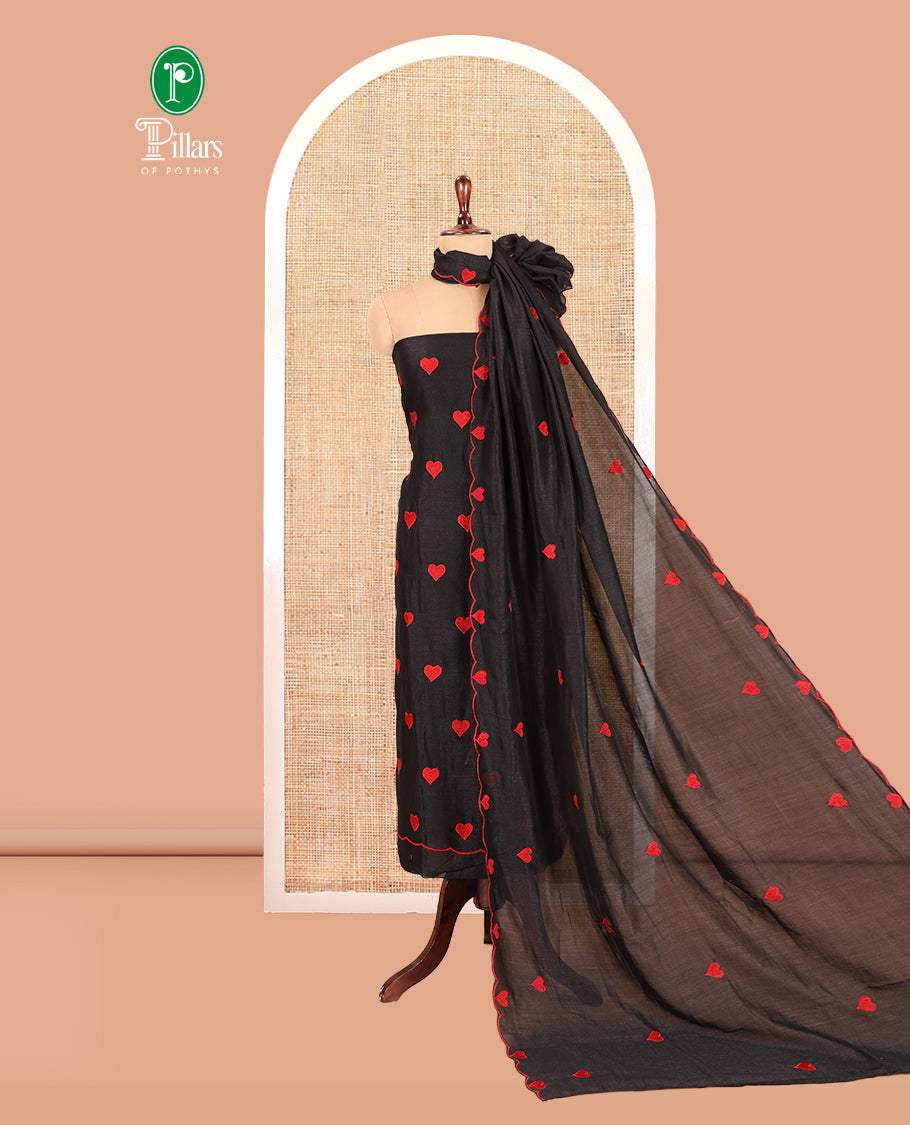 Black Semi-Silk Material Chudidar, Heart Embroidered Top, Plain Bottom, Heart Embroidered Dupatta