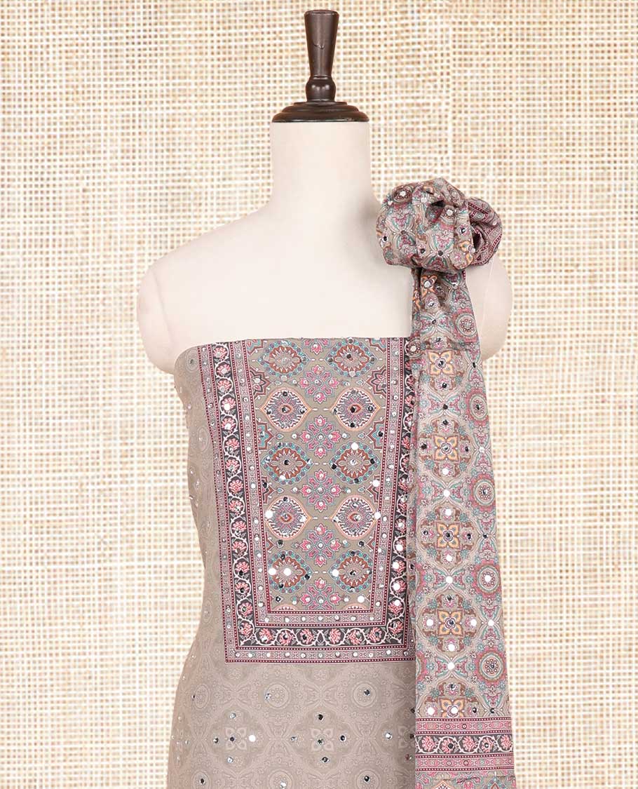 Grey jacquard, ajrakh print, mirror work crepe chudidhar material top with american crepe pant & chinnon ajrakh print, mirror work dupatta