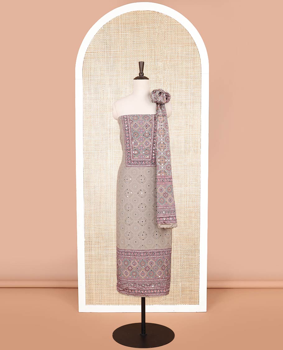 Grey jacquard, ajrakh print, mirror work crepe chudidhar material top with american crepe pant & chinnon ajrakh print, mirror work dupatta
