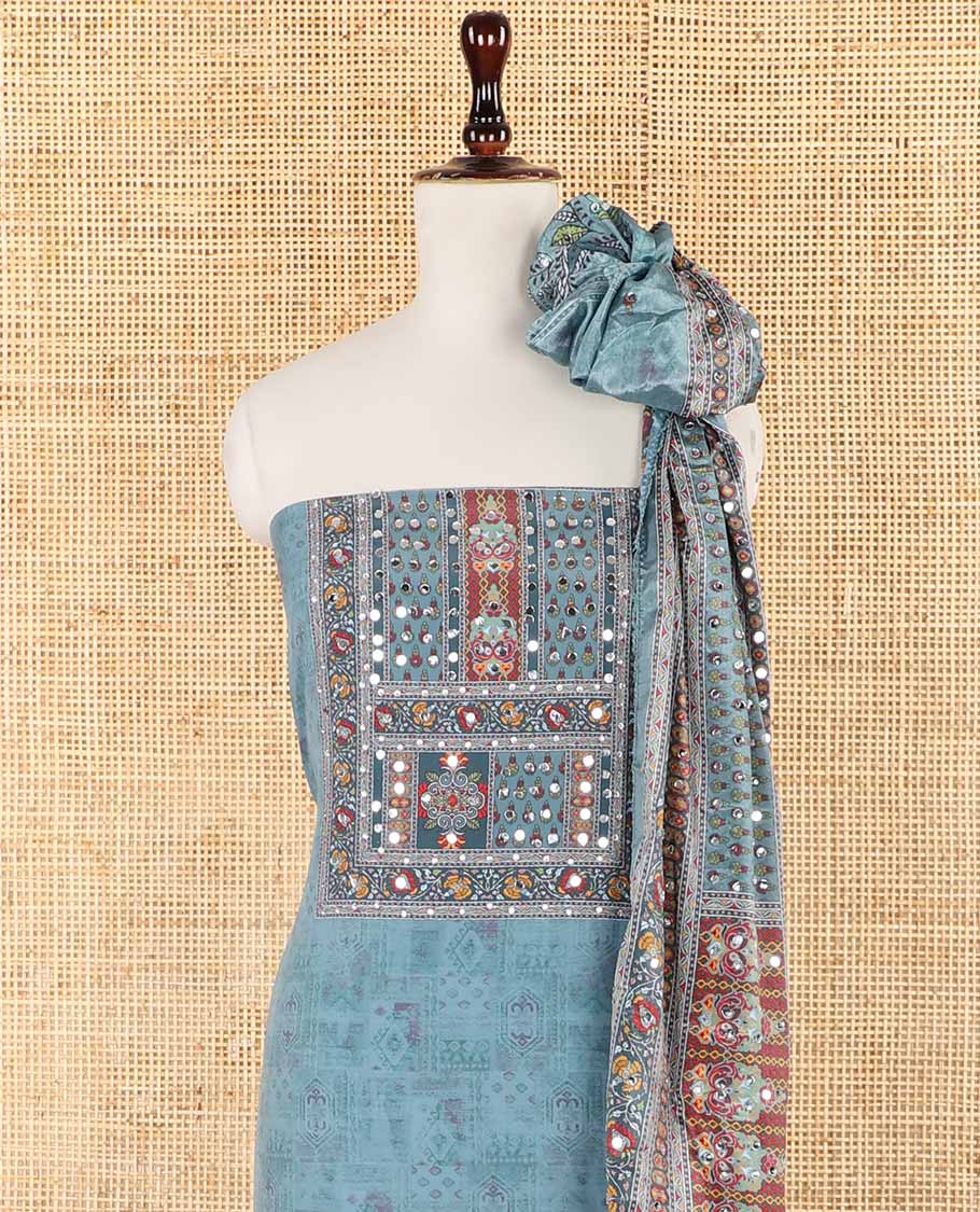 Sea blue jacquard ajrak, stone, mirror work crepe chudidhar material top with american crepe pant & chinnon material ajrak digital print , mirror work dupatta