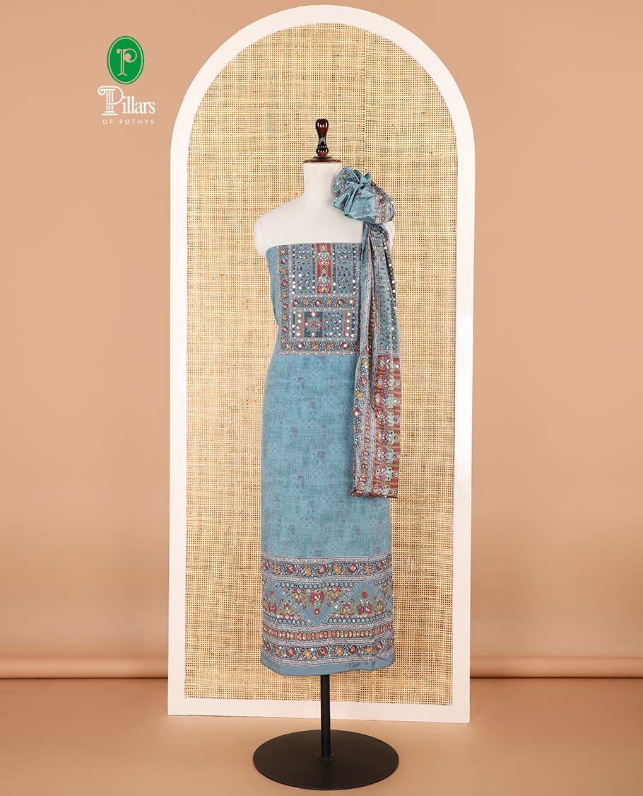 Sea blue jacquard ajrak, stone, mirror work crepe chudidhar material top with american crepe pant & chinnon material ajrak digital print , mirror work dupatta