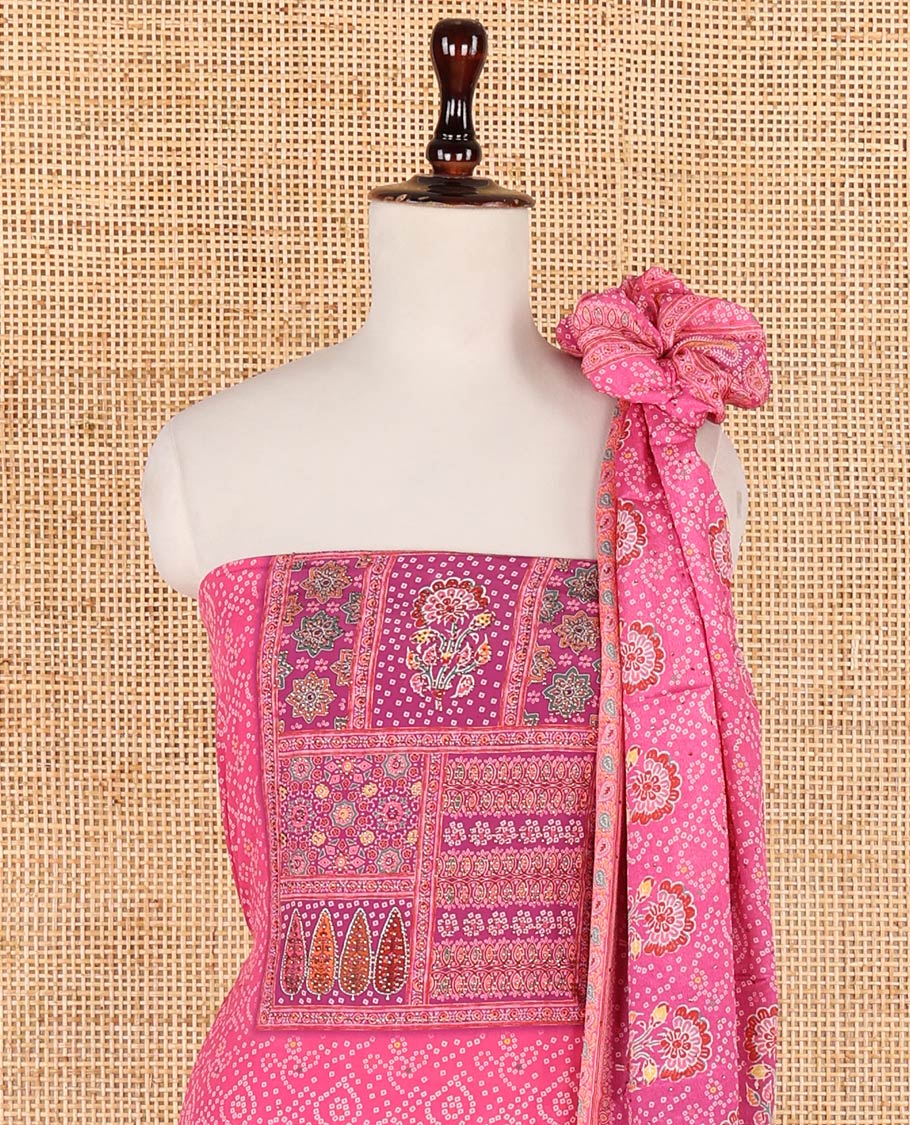 Deep pink bhandani print, floral design, swarovski work crepe chudidhar material top with american crepe pant & chinnon material bhandani print, swarovski work dupatta