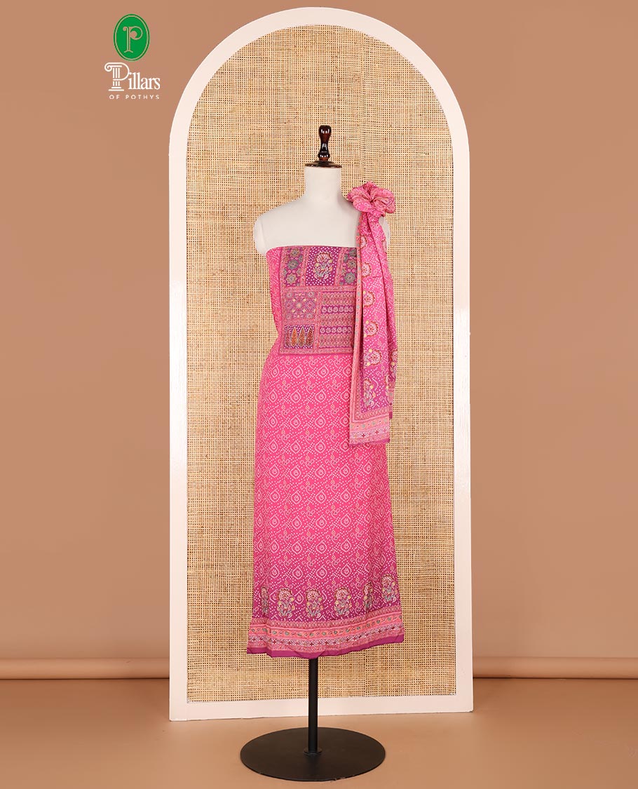 Deep pink bhandani print, floral design, swarovski work crepe chudidhar material top with american crepe pant & chinnon material bhandani print, swarovski work dupatta