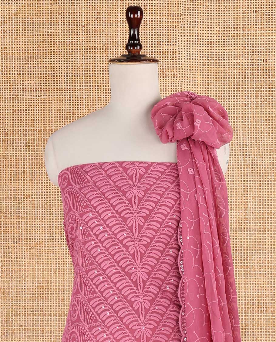 Onion pink shifli sequins embroidery georgette chudidhar material top with american crepe pant & sequins embroidery, scallop cut dupatta