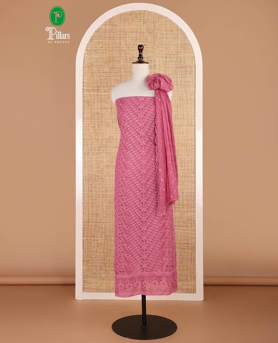 Onion pink shifli sequins embroidery georgette chudidhar material top with american crepe pant & sequins embroidery, scallop cut dupatta
