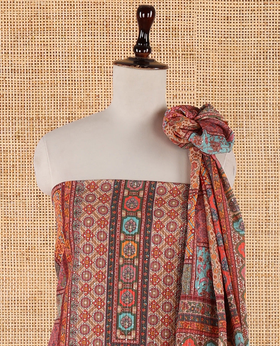 Multi-color churidar material set, ajrakh-printed & sequins work crepe top, kalidoscopic-colored dupatta of ajrakh print & sequins work & plain crepe bottom
