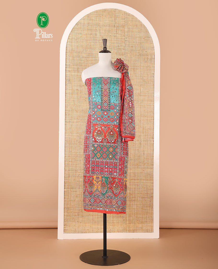 Red crepe masakali material chudidar set, geometric print with mirror embroidery top,plain bottom & multi-color geometric print & mirrorwork dupatta