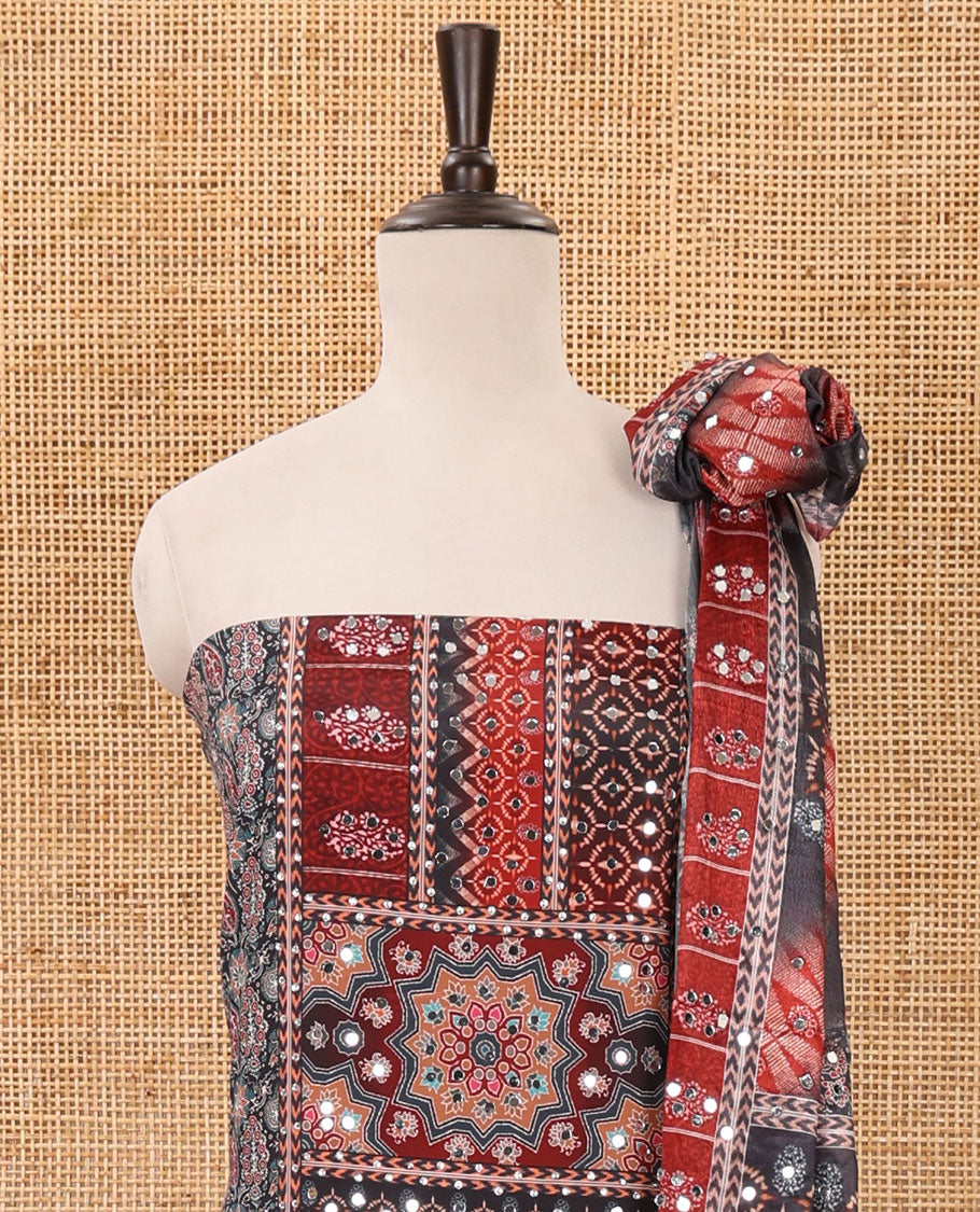 Black & red material chudidar set, Arjrakh print & mirror work Masakali crepe top,santoon bottom & Arjrakh print & mirrorwork chinon dupatta