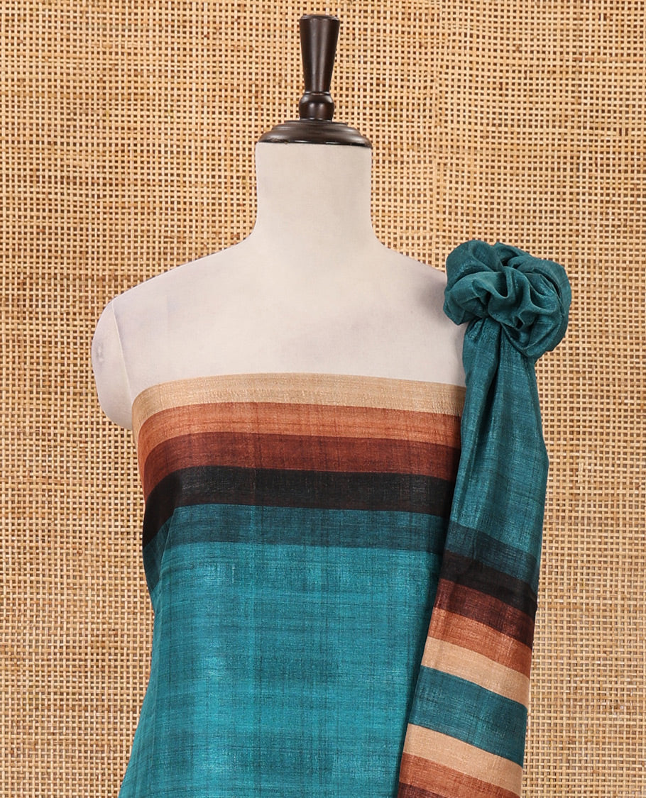 Teal material chudidar set, horizontal ombre striped semi-tussar top, plain santoon bottom & horizontal ombre striped dupatta with tassels