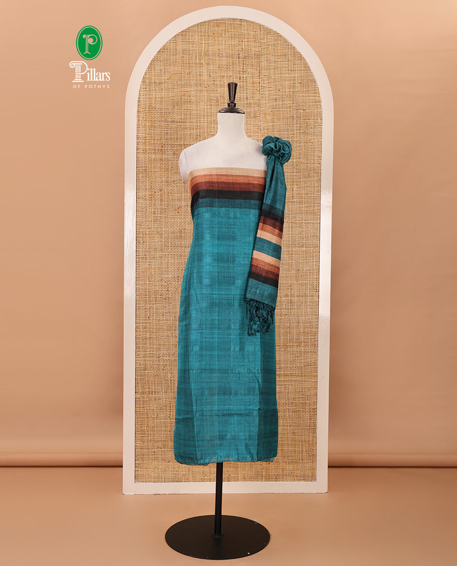 Teal material chudidar set, horizontal ombre striped semi-tussar top, plain santoon bottom & horizontal ombre striped dupatta with tassels