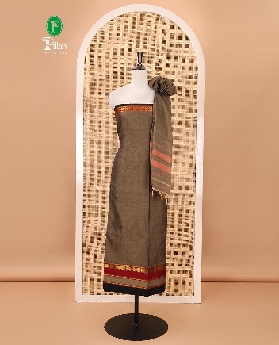 Walnut brown mercerized cotton material chudidar set,plain contrast traditional rudraksham border top,matching bottom & 2-sided rudraksham border dupatta