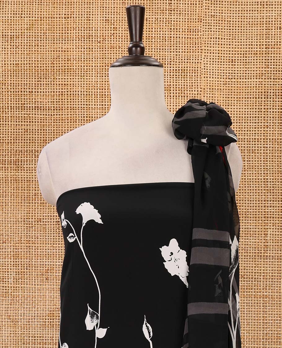 Black-white material chudidar set, floral printed Italian crepe top, Italian crepe bottom & floral printed georgette dupatta