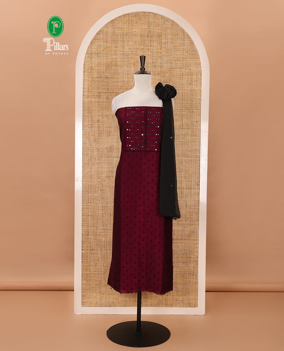 Wine material chudidar set, black beads & mirror neck embroidered with buttas woven vichitra silk top, santoon bottom & contrast mirror work chiffon dupatta