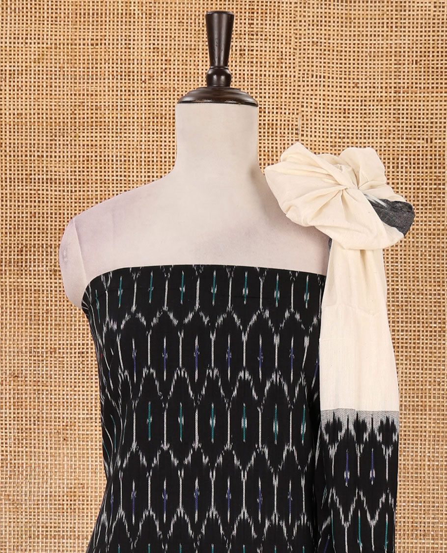 Black material chudidar set, ogee patterned pure cotton pochampally ikkat top, contrast bottom & dual-color ikkat motifs pure cotton pochampally ikkat dupatta