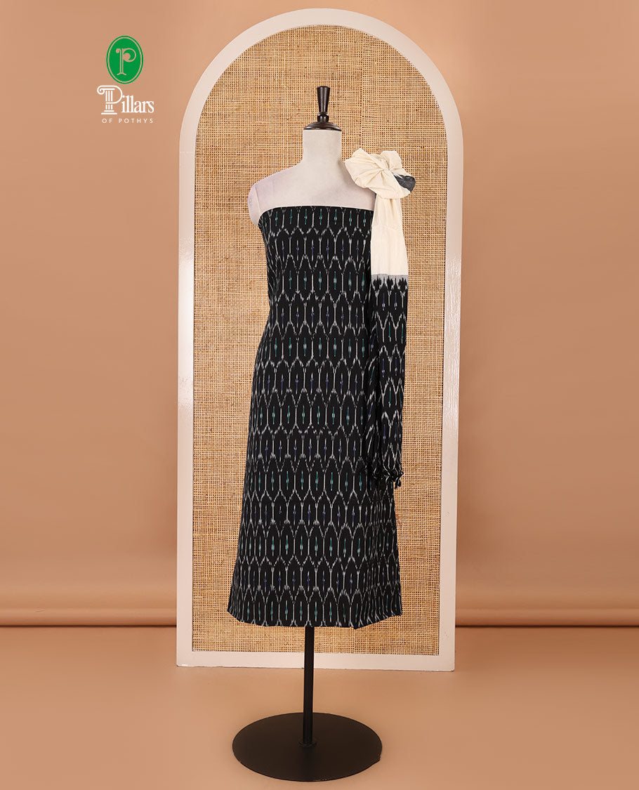 Black material chudidar set, ogee patterned pure cotton pochampally ikkat top, contrast bottom & dual-color ikkat motifs pure cotton pochampally ikkat dupatta
