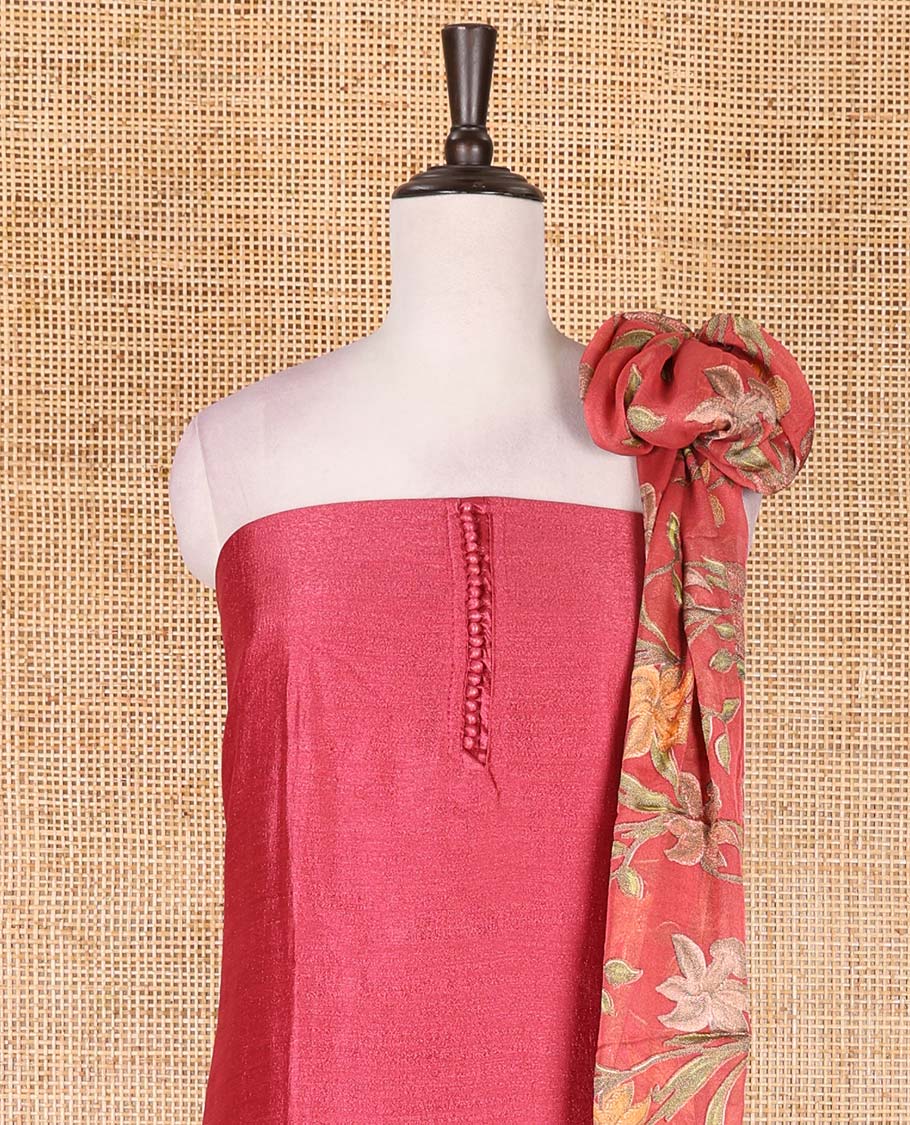 Dark peach material chudidar set, plain with fancy thermacol balls neck work Vichitra top, cotton bottom, and floral printed dupatta