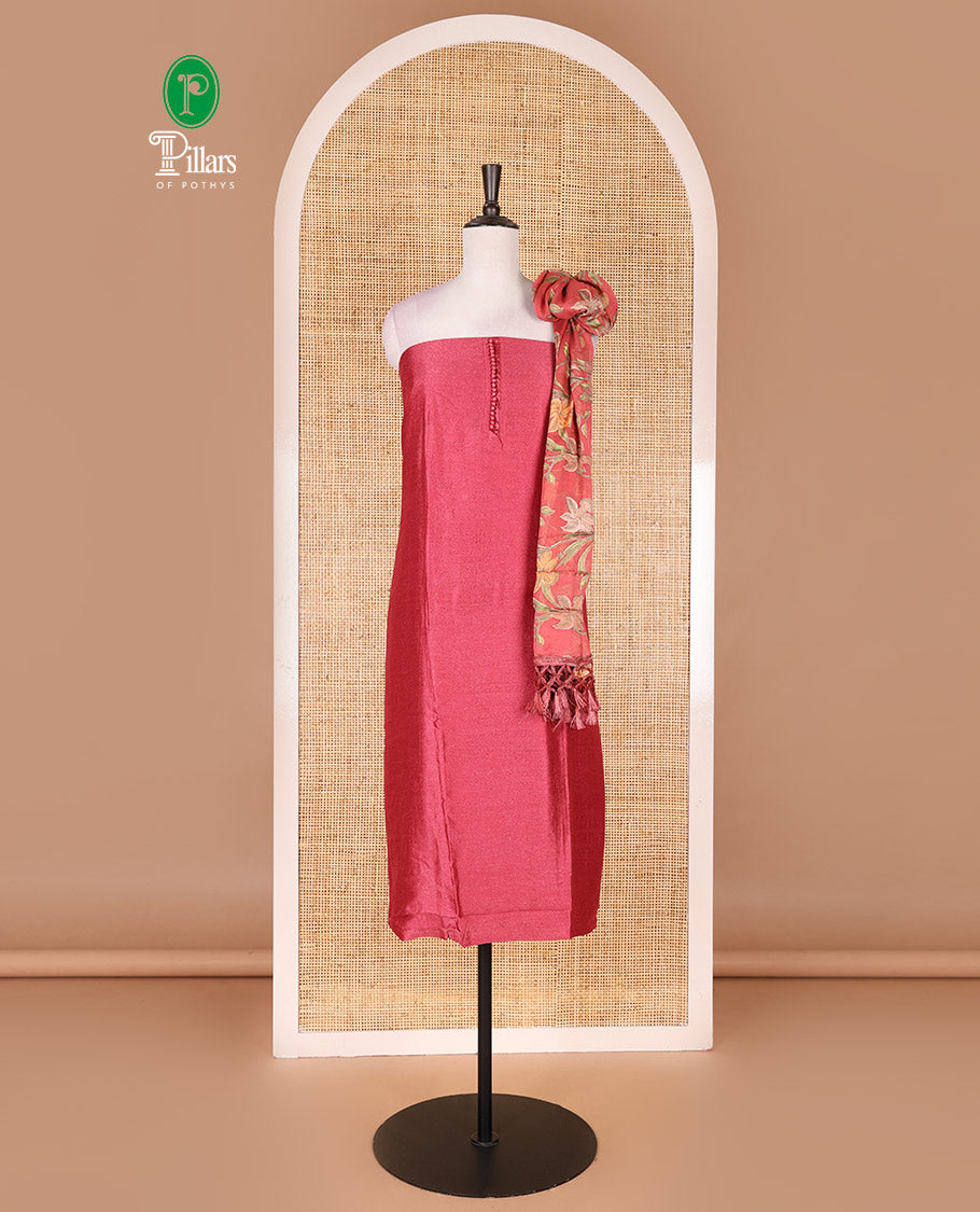 Dark peach material chudidar set, plain with fancy thermacol balls neck work Vichitra top, cotton bottom, and floral printed dupatta