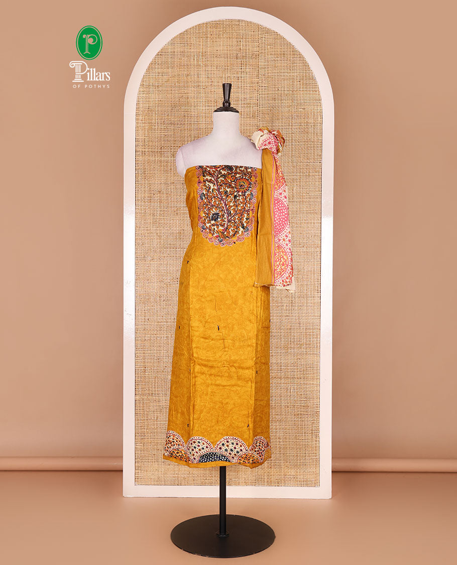 Mustard pure cotton material chudidar set, floral print with French knot and bead work top, plain cotton bottom, and floral-geometric printed dupatta