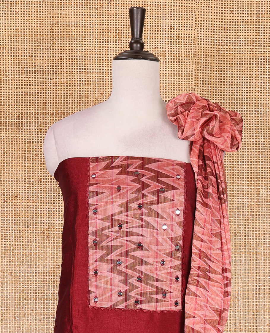 Maroon Vertican silk material chudidar set, ikkat chevron striped with mirror neck embroidered top, santoon bottom, and contrast chevron striped dupatta