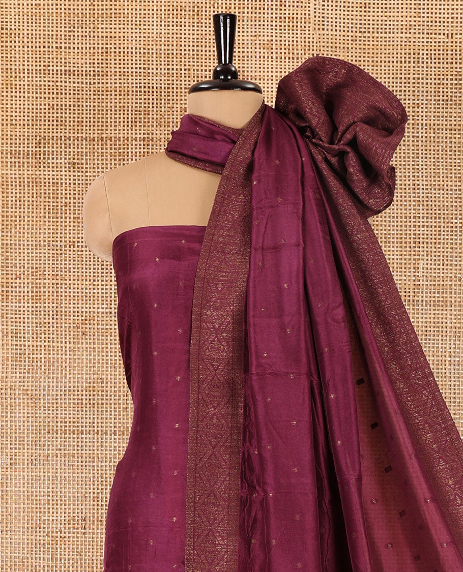 Purple material chudidar set, copper zari buttas and jaal design semi-modal silk top, plain santoon bottom, and zari design woven semi-modal silk dupatta