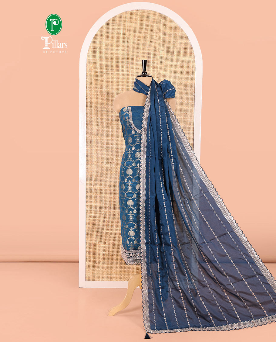 Blue Chudidar Set Mesmerized with Floral Jaal Jacquard Design Viscose Chinon Unstitched Top, Readymade Free Size Sharara Pants, and a Chinon Embroidered Scallop-Bordered Dupatta