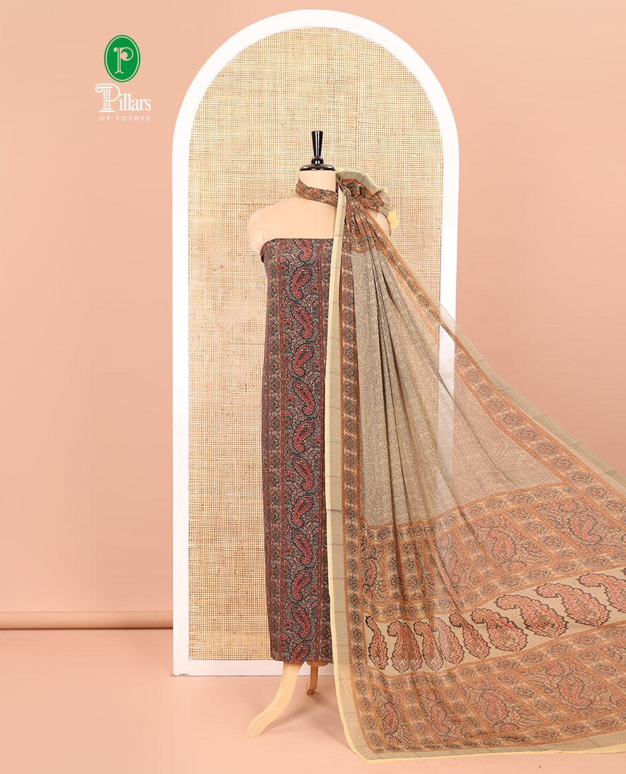 Light Pista Material Chudidar Set Intricately Printed with Paisley Motifs on the Italian Crepe Top, Subtly Negative Printed Bottom, and Italian Crepe Dupatta of the Same Paisley Prints