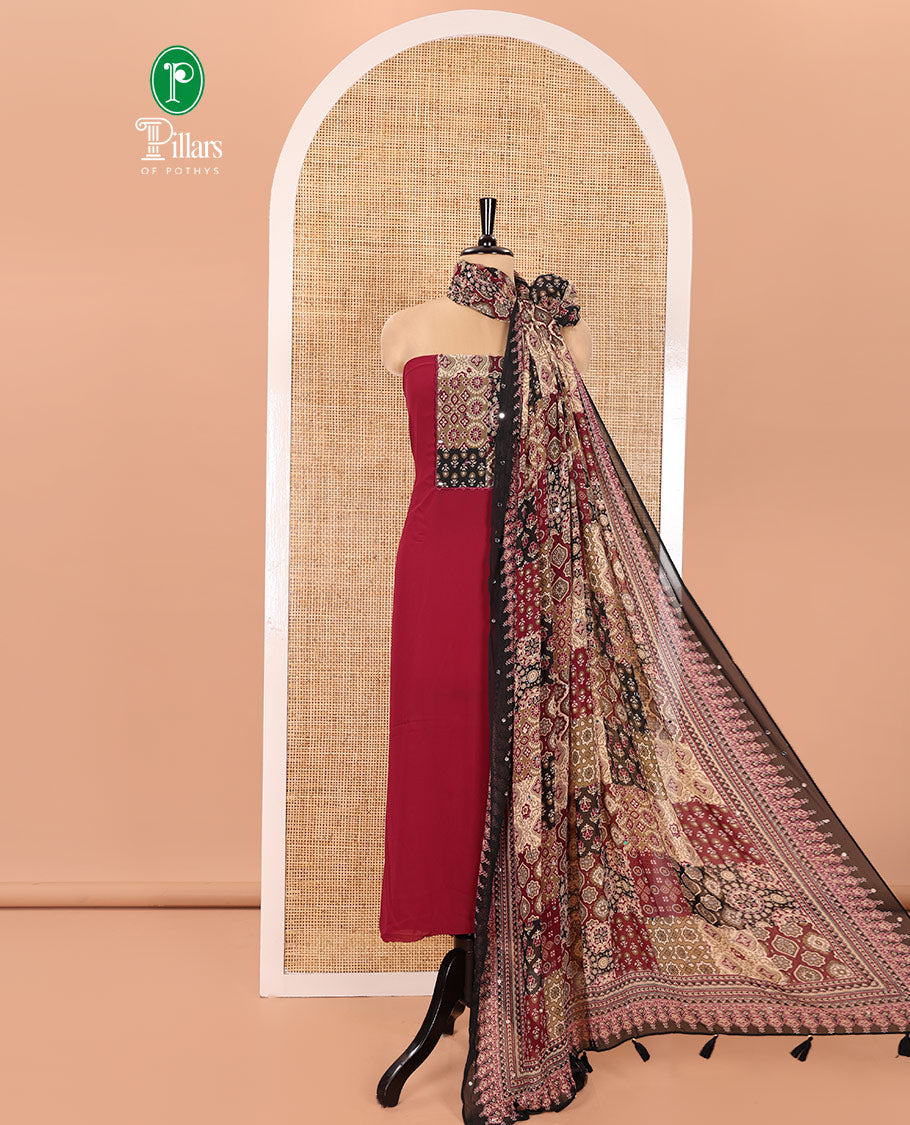 Wine Material Chudidhar Set, Enriched with Ajrakh-Style Print and Mirror Work Fox Georgette Top, Santoon Plain Bottom, and Georgette Dupatta of Ajrakh Print and Mirror Work