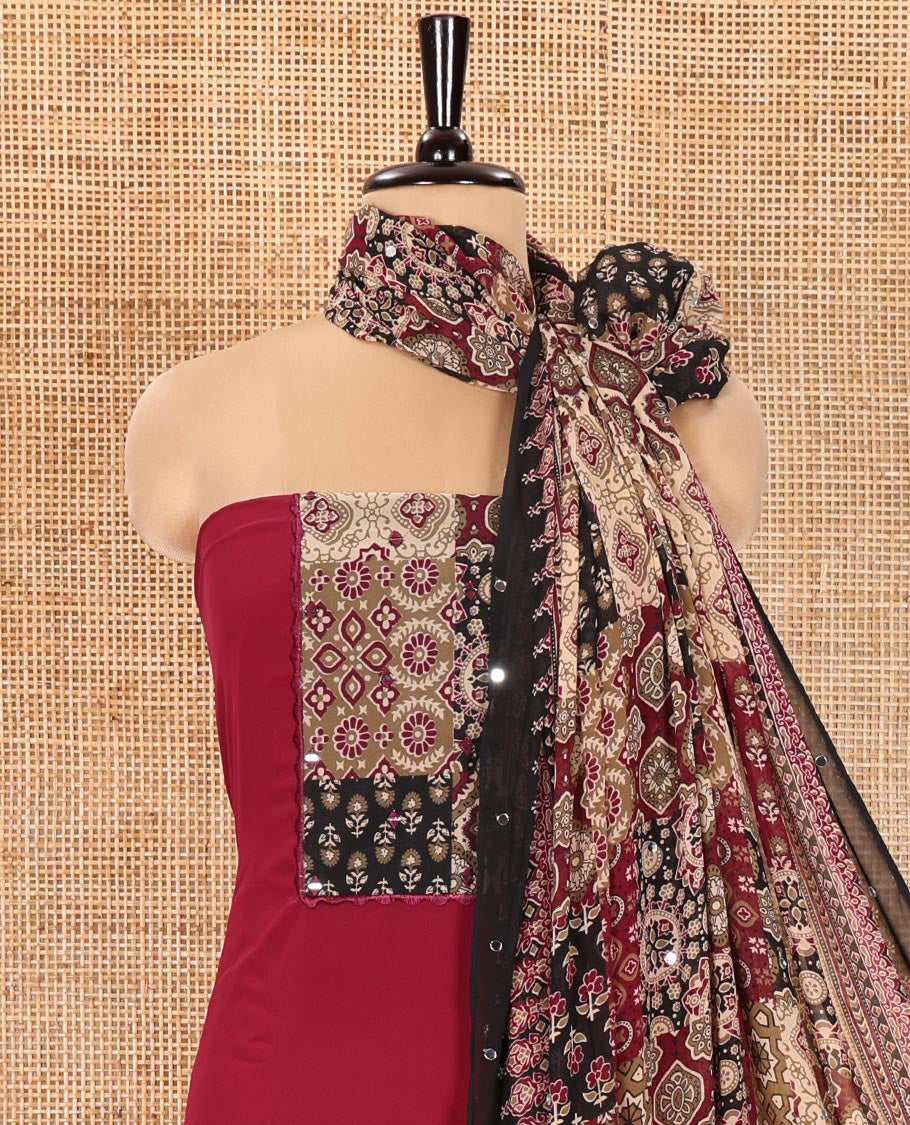 Wine Material Chudidhar Set, Enriched with Ajrakh-Style Print and Mirror Work Fox Georgette Top, Santoon Plain Bottom, and Georgette Dupatta of Ajrakh Print and Mirror Work