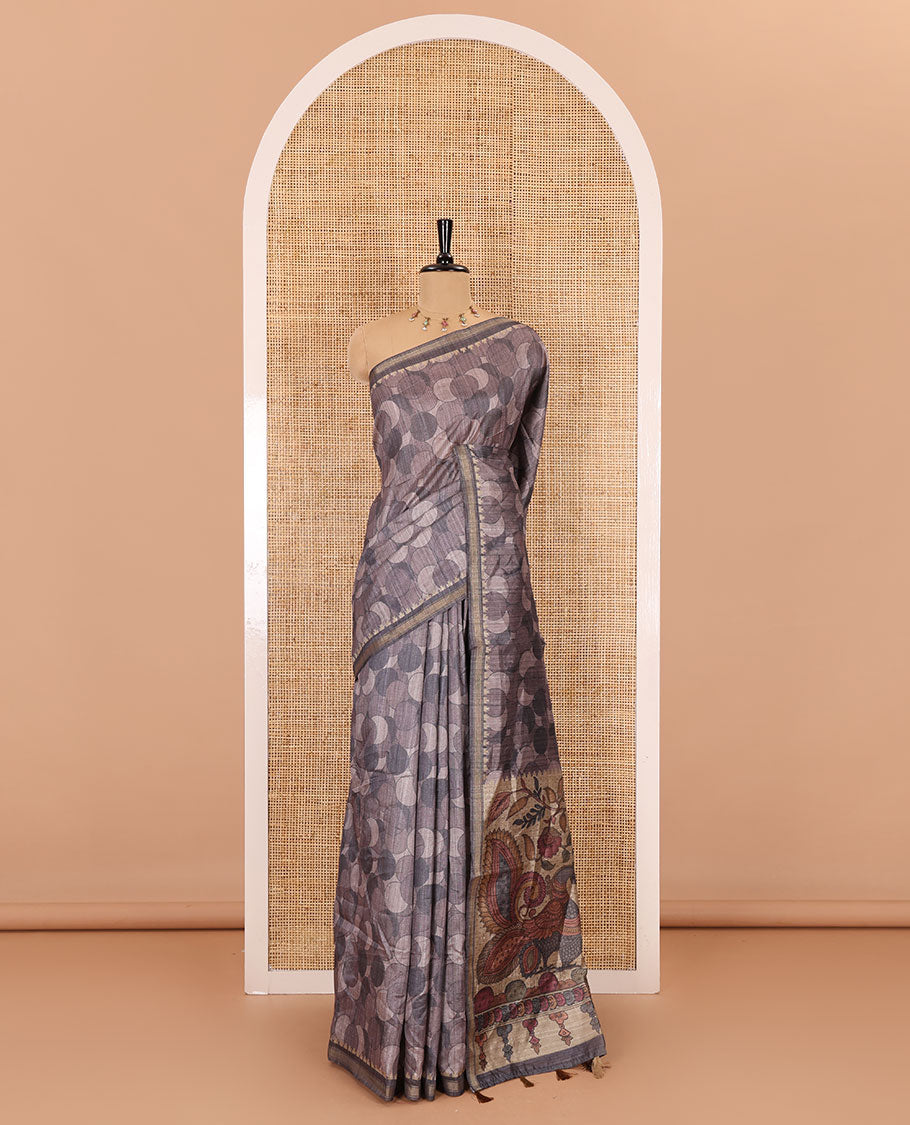 Grey circle abstract printed fancy tussar saree, tissue border, pallu of kalamkari peacock print, and kalamkari floral printed blouse