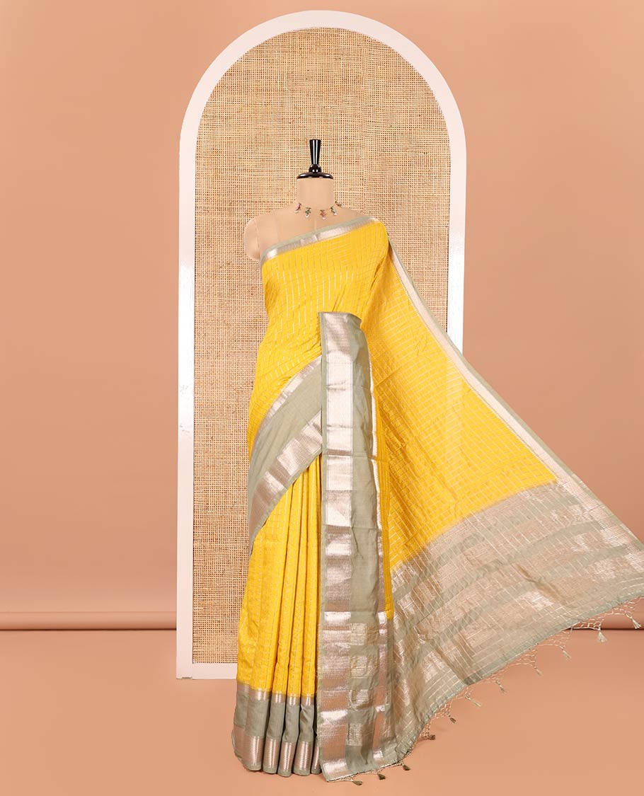 Yellow Assam Silk Saree, Ornamented with Micro-Checked Zari Design All Over Its Body, Complemented by a Contrast Traditional Design Rettai Pettu Border, Zari Design Pallu, and Paired with a Contrast Blouse