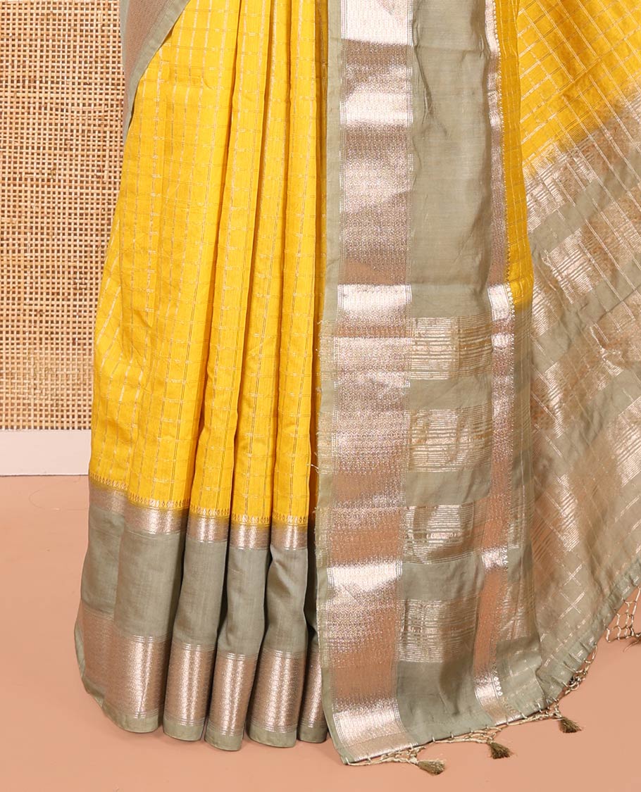 Yellow Assam Silk Saree, Ornamented with Micro-Checked Zari Design All Over Its Body, Complemented by a Contrast Traditional Design Rettai Pettu Border, Zari Design Pallu, and Paired with a Contrast Blouse
