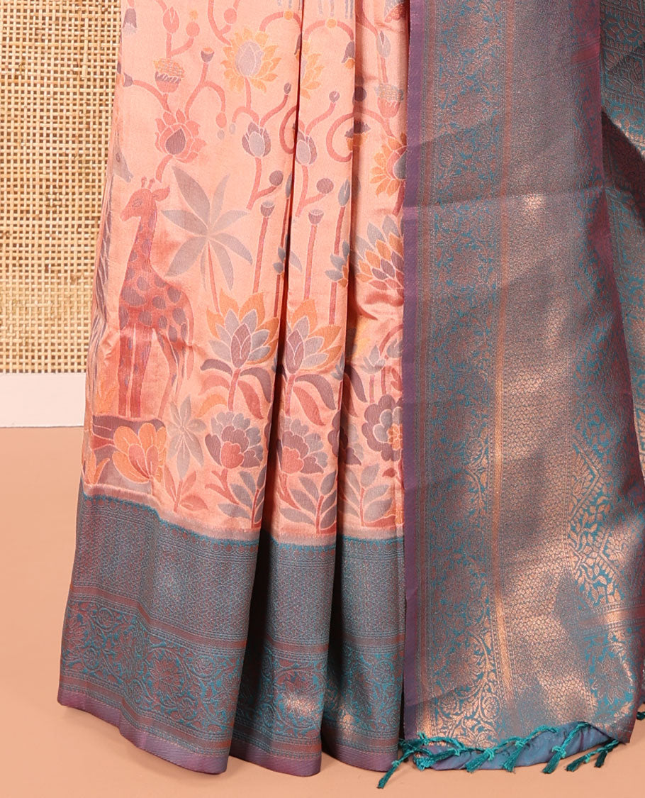 Peach Litchi Saree, Artfully Decked Up with Floral and Giraffe Designs in Resham Thread and Zari, Complemented by Contrast Floral Zari Border, Grand Jaal Design Pallu, and Paired with a Contrast Blouse
