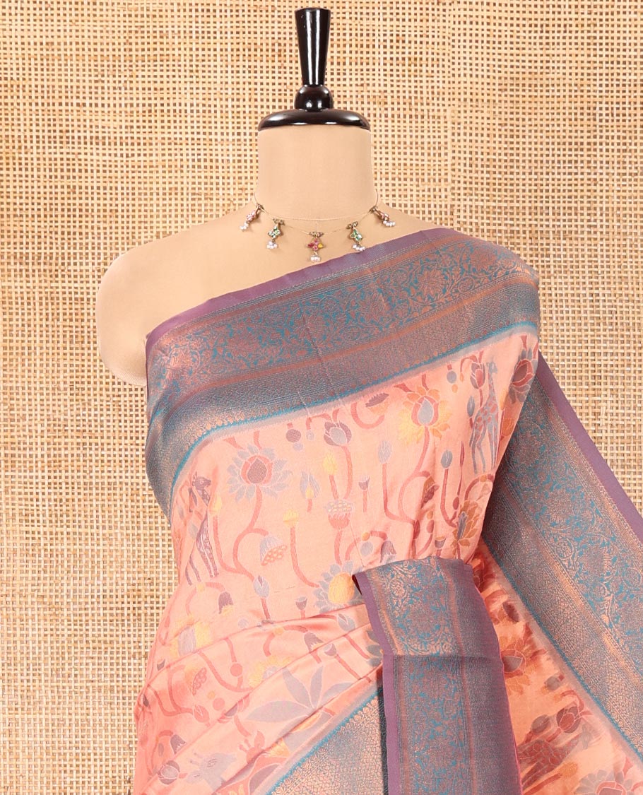 Peach Litchi Saree, Artfully Decked Up with Floral and Giraffe Designs in Resham Thread and Zari, Complemented by Contrast Floral Zari Border, Grand Jaal Design Pallu, and Paired with a Contrast Blouse