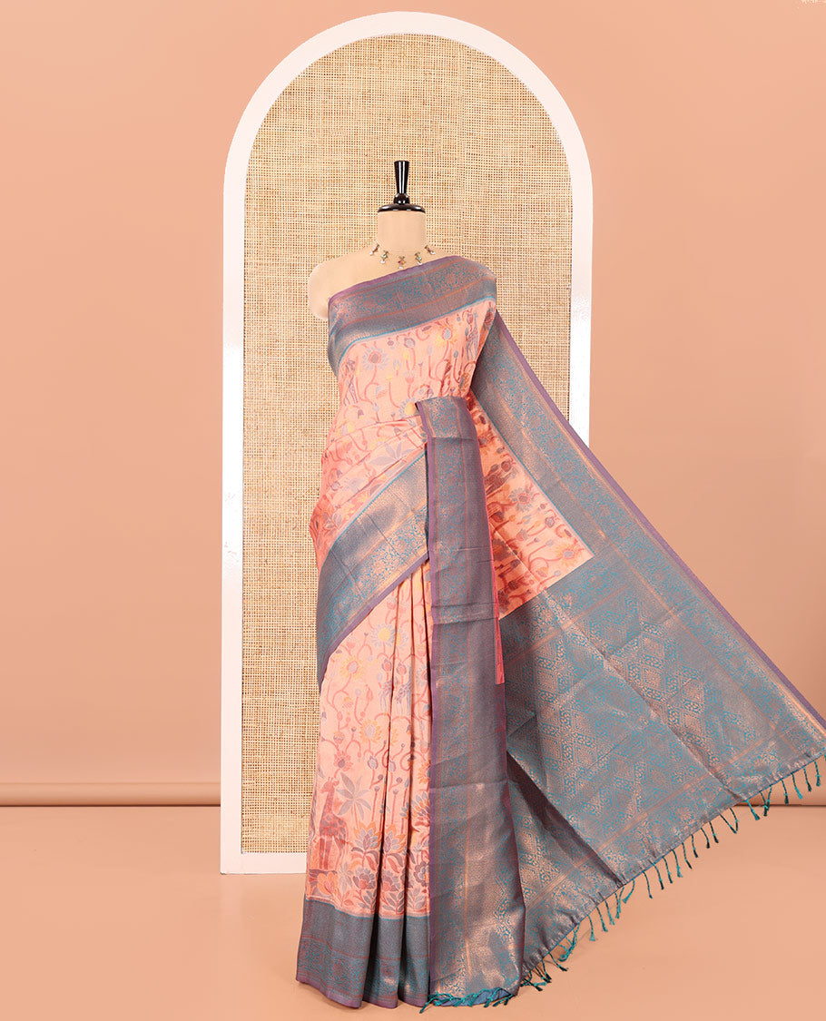 Peach Litchi Saree, Artfully Decked Up with Floral and Giraffe Designs in Resham Thread and Zari, Complemented by Contrast Floral Zari Border, Grand Jaal Design Pallu, and Paired with a Contrast Blouse