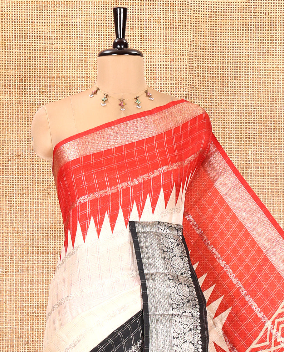 Off-White Fancy Georgette Saree, Featuring Zari Designs, Complemented by a Contrast Ganga-Jamuna Zari Temple Border of Traditional Designs, Pallu of Paisleys, and Paired with a Contrast Blouse