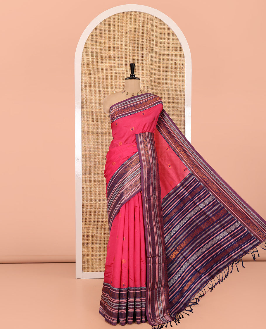 Pink Litchi Chettinad Cotton Saree Features Buttas, Contrast Traditional Border, Grand Pallu, Contrast Blouse