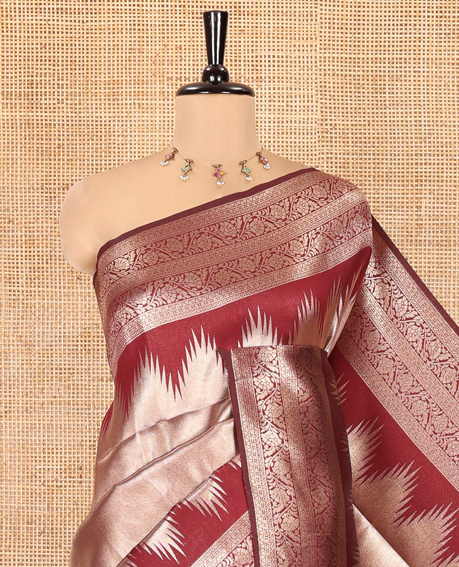 Dark Maroon Litchi Saree Features Tissue-Zari Weave, a Temple Kodi Visiry Border, Grand Pallu and a Matching Blouse