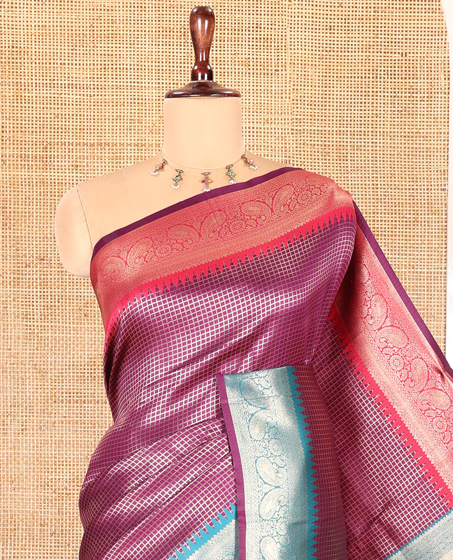 Lavender Zari Checked Litchi Saree with Contrast Ganga-Jamuna Border, Grand Pallu, and a Contrast Blouse