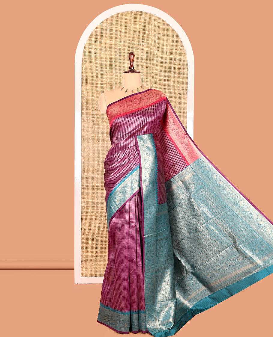 Lavender Zari Checked Litchi Saree with Contrast Ganga-Jamuna Border, Grand Pallu, and a Contrast Blouse