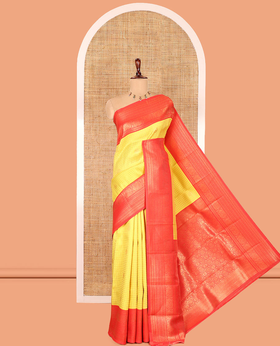 Yellow Litchi Saree, Enriched with Zari Buttas and Zari Checks, Complemented by a Contrast Traditional Zari Border, Intricate Pallu, a Contrast Blouse