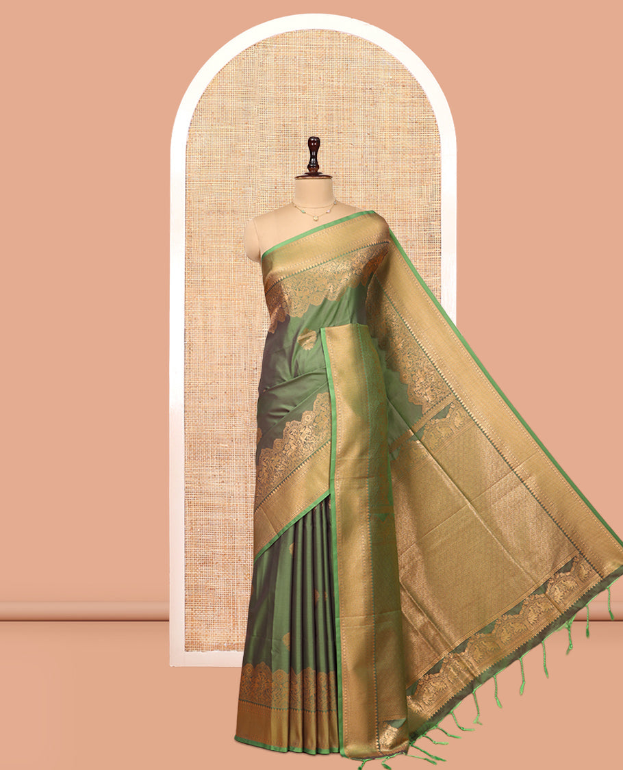 Leaf Green Zari Buttas Soft Silk Saree, Animal Motif Zari Border, Grand Pallu, Matching Blouse