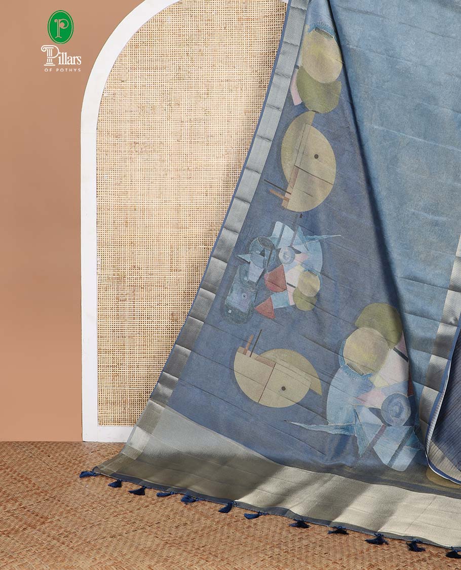 Sky blue geometrical print crush tissue saree with zari border & tissue pallu along with plain blouse
