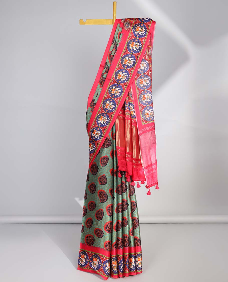 Green circular motifs semi-banaras printed saree with contrast elephant motifs border & intricate design pallu