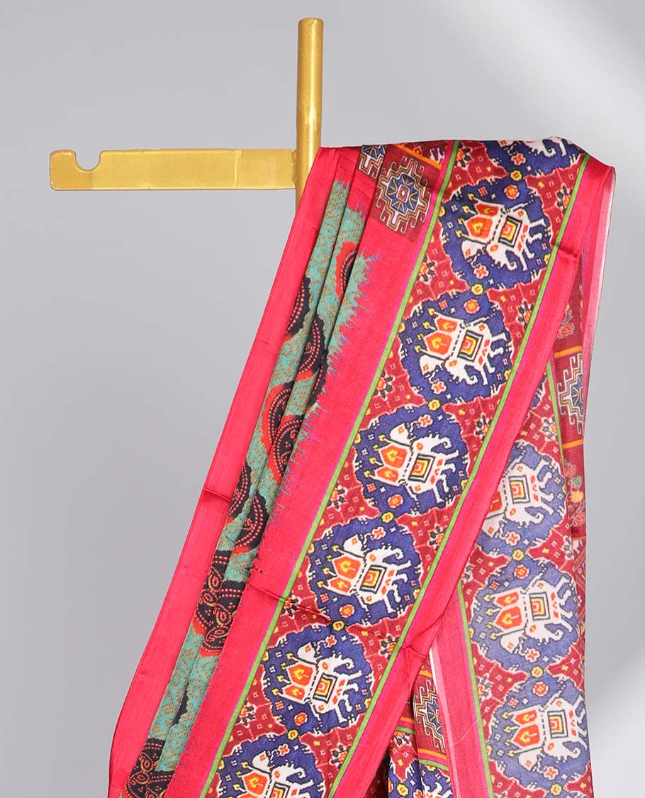 Green circular motifs semi-banaras printed saree with contrast elephant motifs border & intricate design pallu