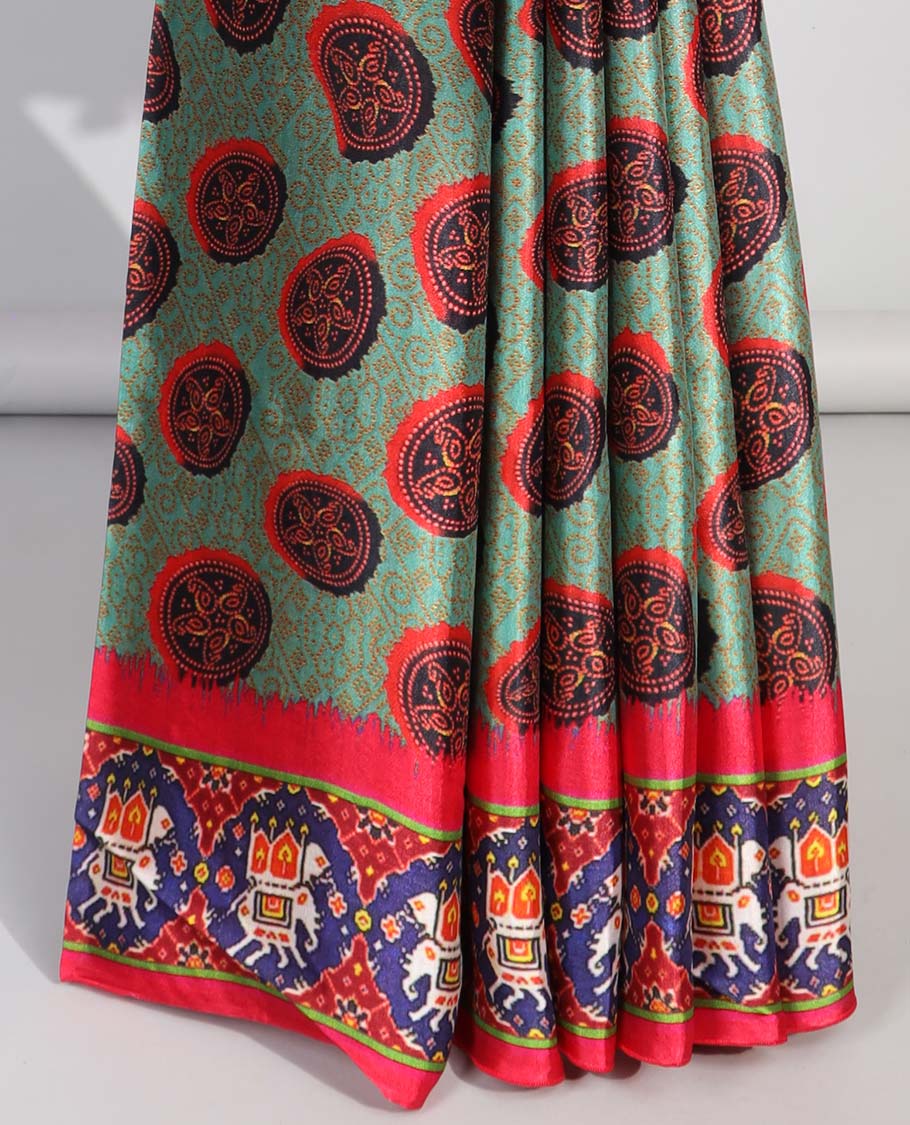 Green circular motifs semi-banaras printed saree with contrast elephant motifs border & intricate design pallu